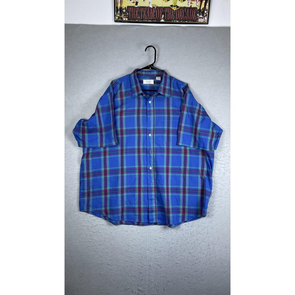 Vintage The Men's Store At Sears Shirt Mens‎ 2XL Blue Plaid Short Sleeve Button